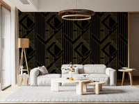 Angular deco-era geometric pattern wallpaper with gold linework on black., GD10635