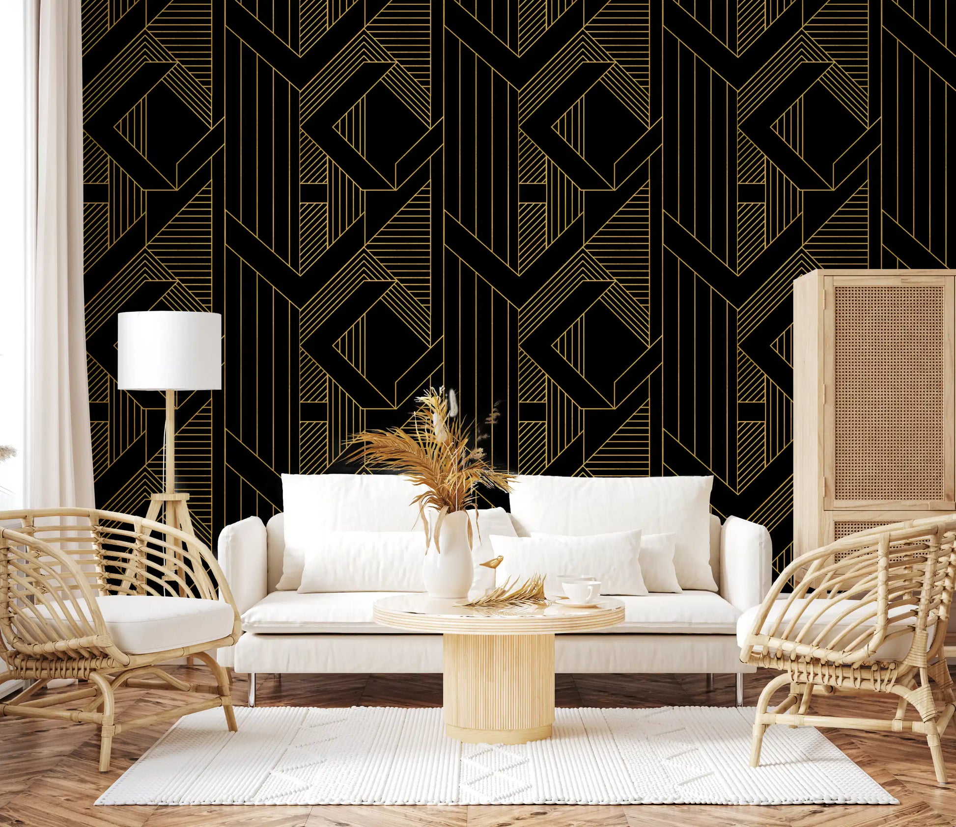 Layered triangle and stripe geometric wallpaper in gold and black., GD10635