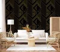Layered triangle and stripe geometric wallpaper in gold and black., GD10635