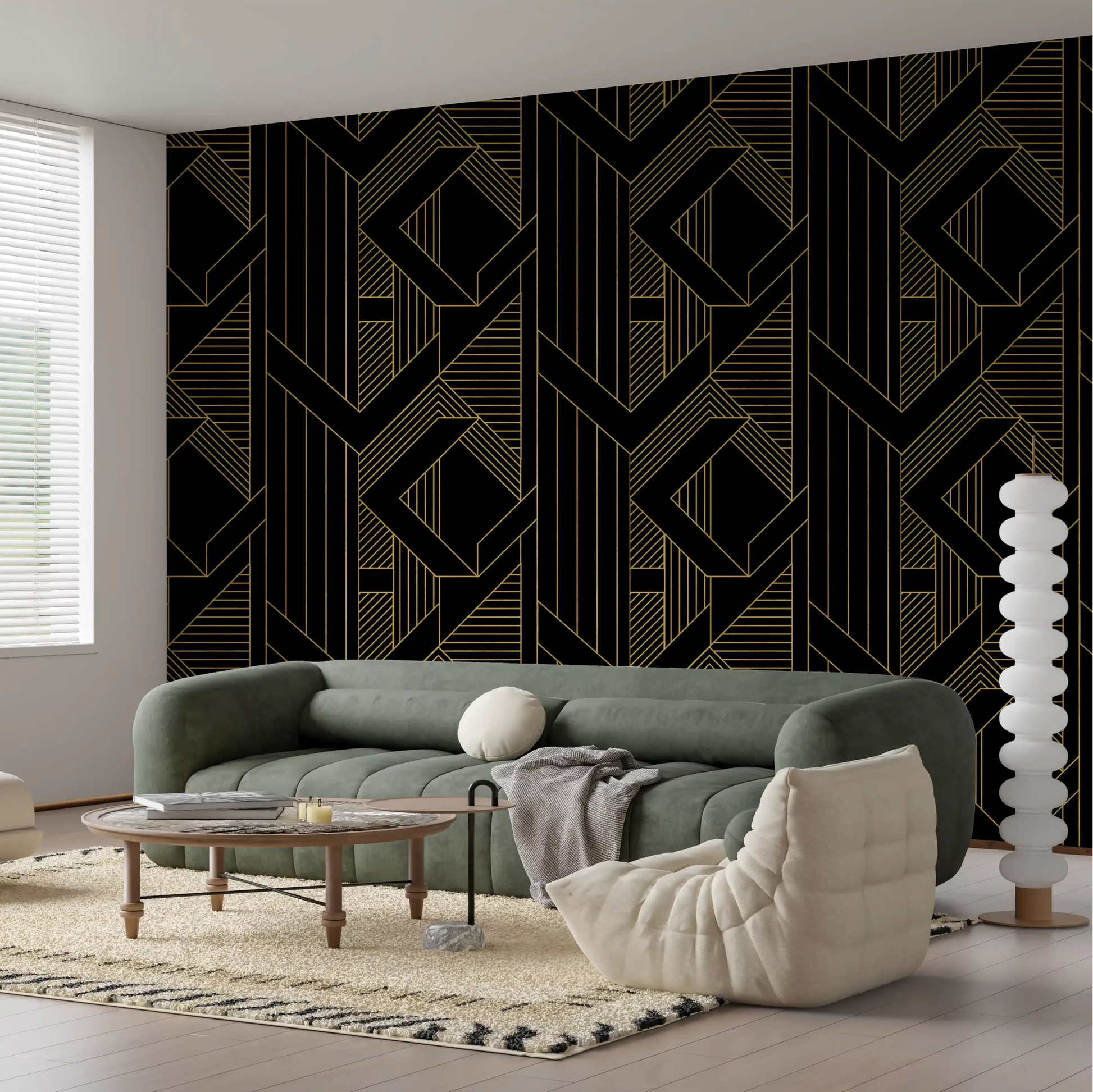 Black and gold geometric wallpaper showing the repeat pattern., GD10635