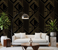 Symmetrical gold linework across matte black wallpaper in living room., GD10635