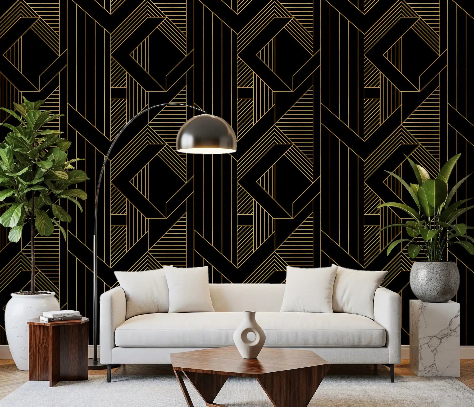 Symmetrical gold linework across matte black wallpaper in living room., GD10635