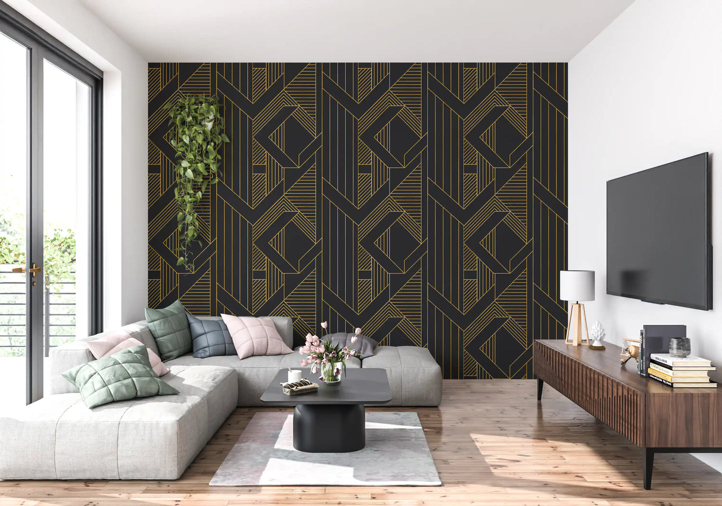 Hatched triangle zones wallpaper with thin gold lines on dark background., GD10636