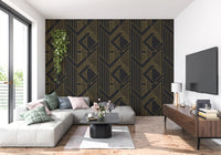 Hatched triangle zones wallpaper with thin gold lines on dark background., GD10636