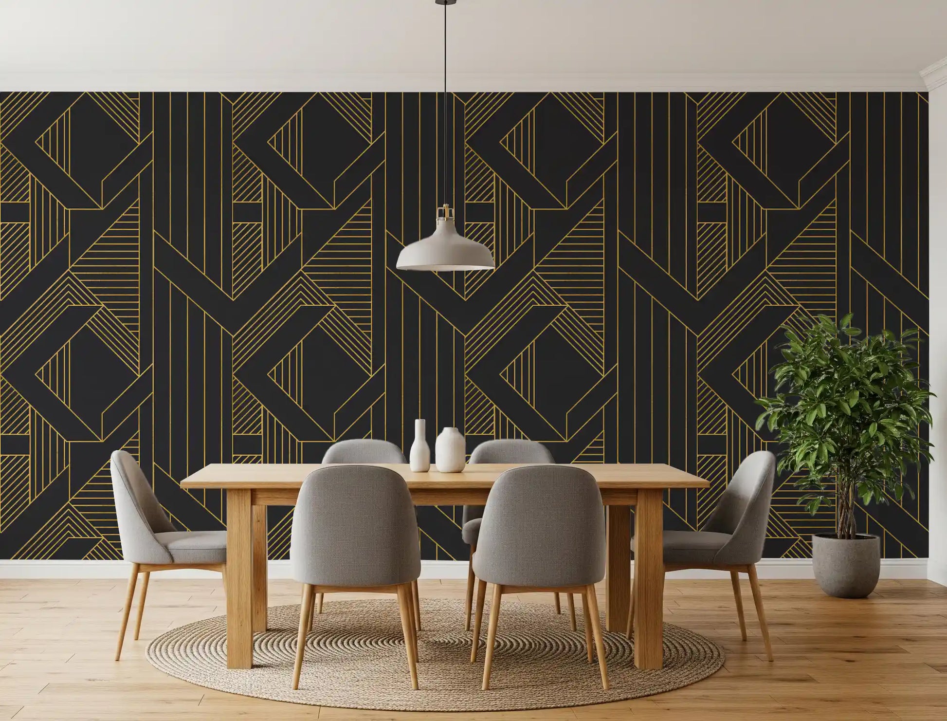 Interlocking rhombus and triangle outlines wallpaper in gold on charcoal., GD10636
