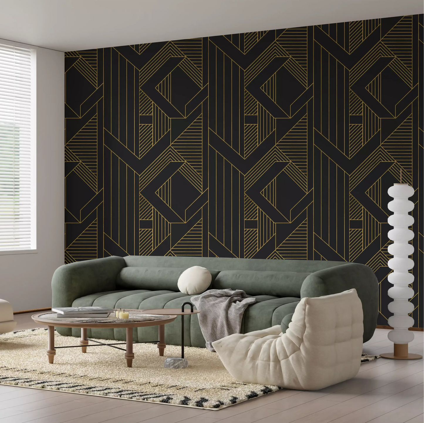 Vertical and diagonal stripe sections in gold on charcoal wallpaper., GD10636