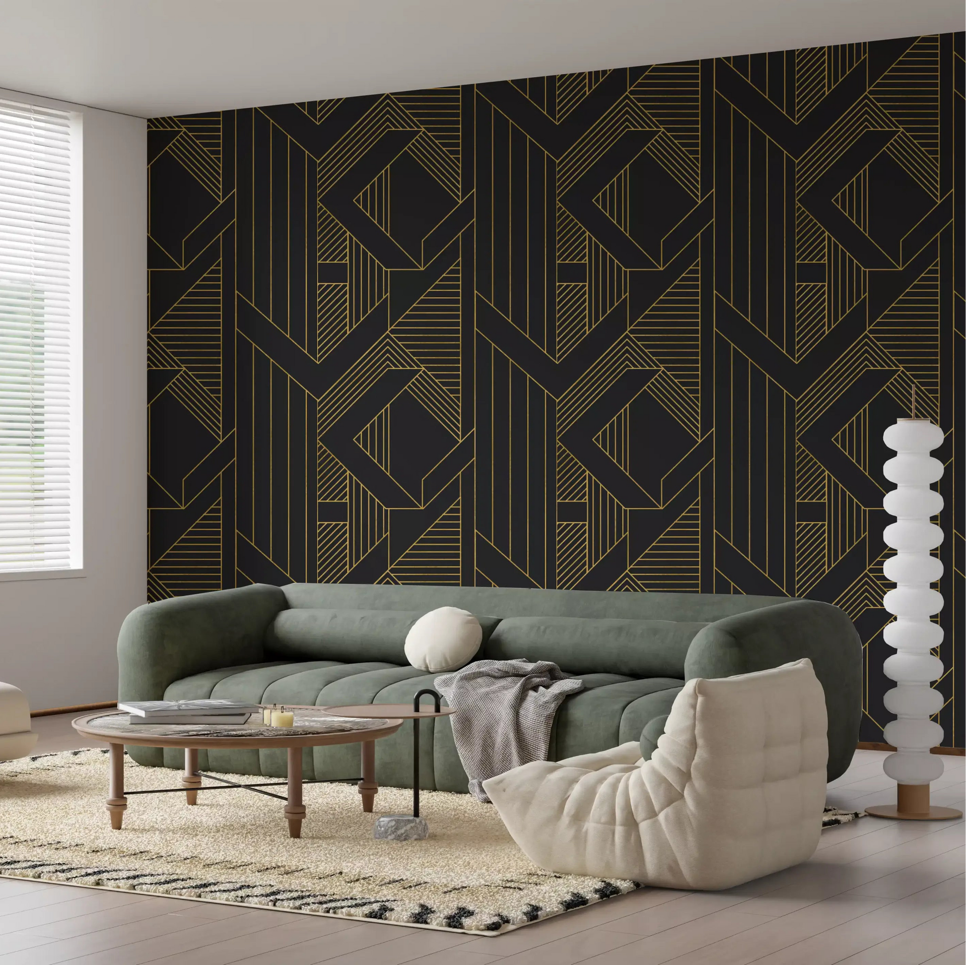 Vertical and diagonal stripe sections in gold on charcoal wallpaper., GD10636