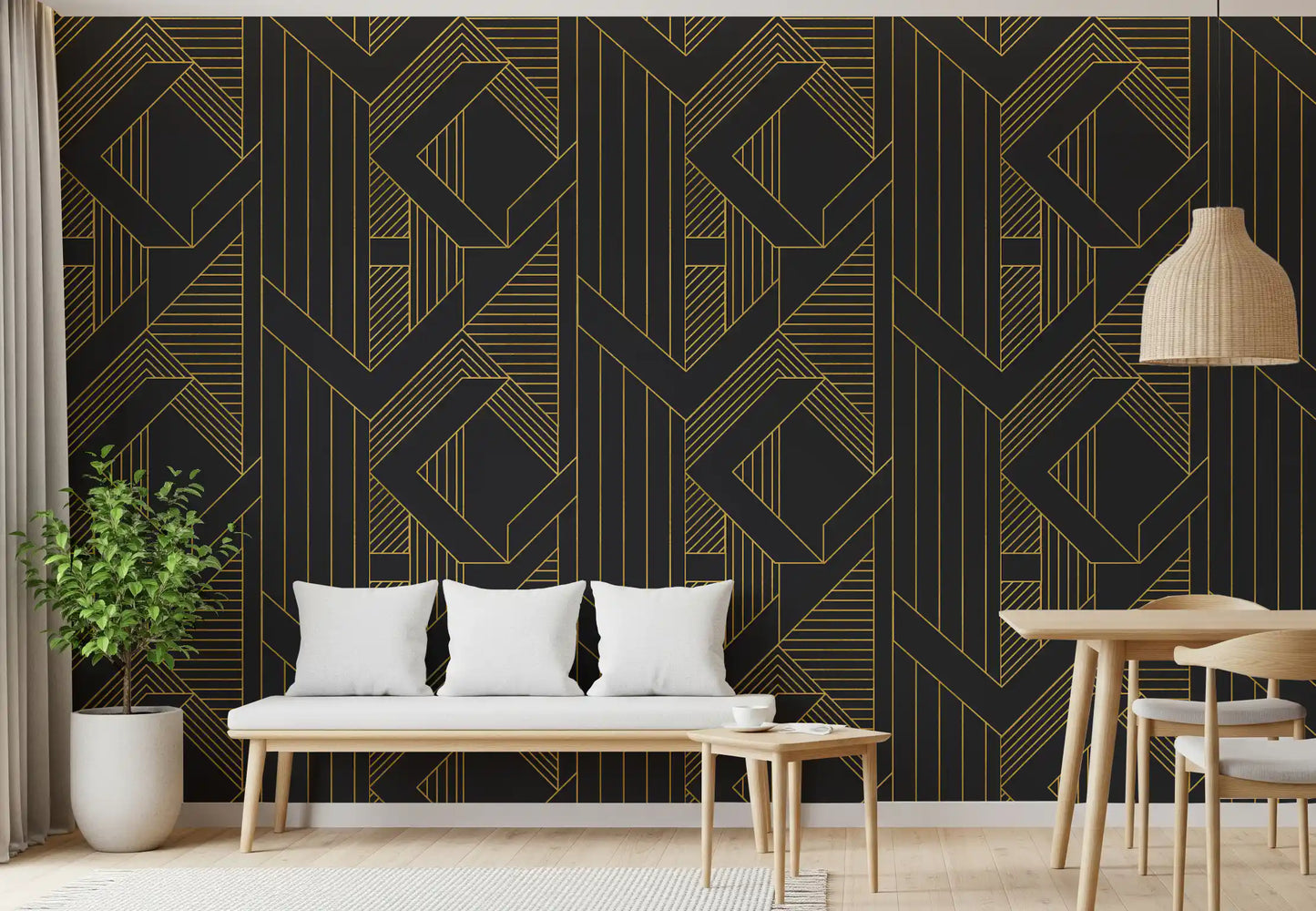 Deco-era geometric repeat wallpaper in metallic gold over dark surface., GD10636