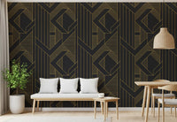 Deco-era geometric repeat wallpaper in metallic gold over dark surface., GD10636