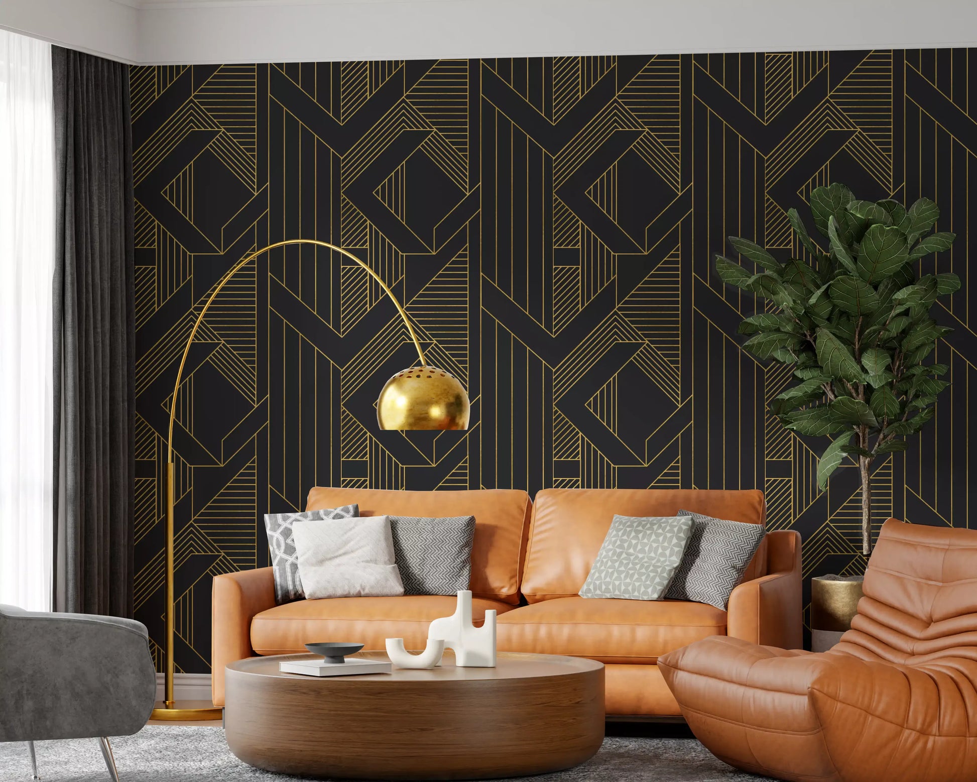 Wallpaper showing dark grey surface with metallic gold angular lines., GD10636