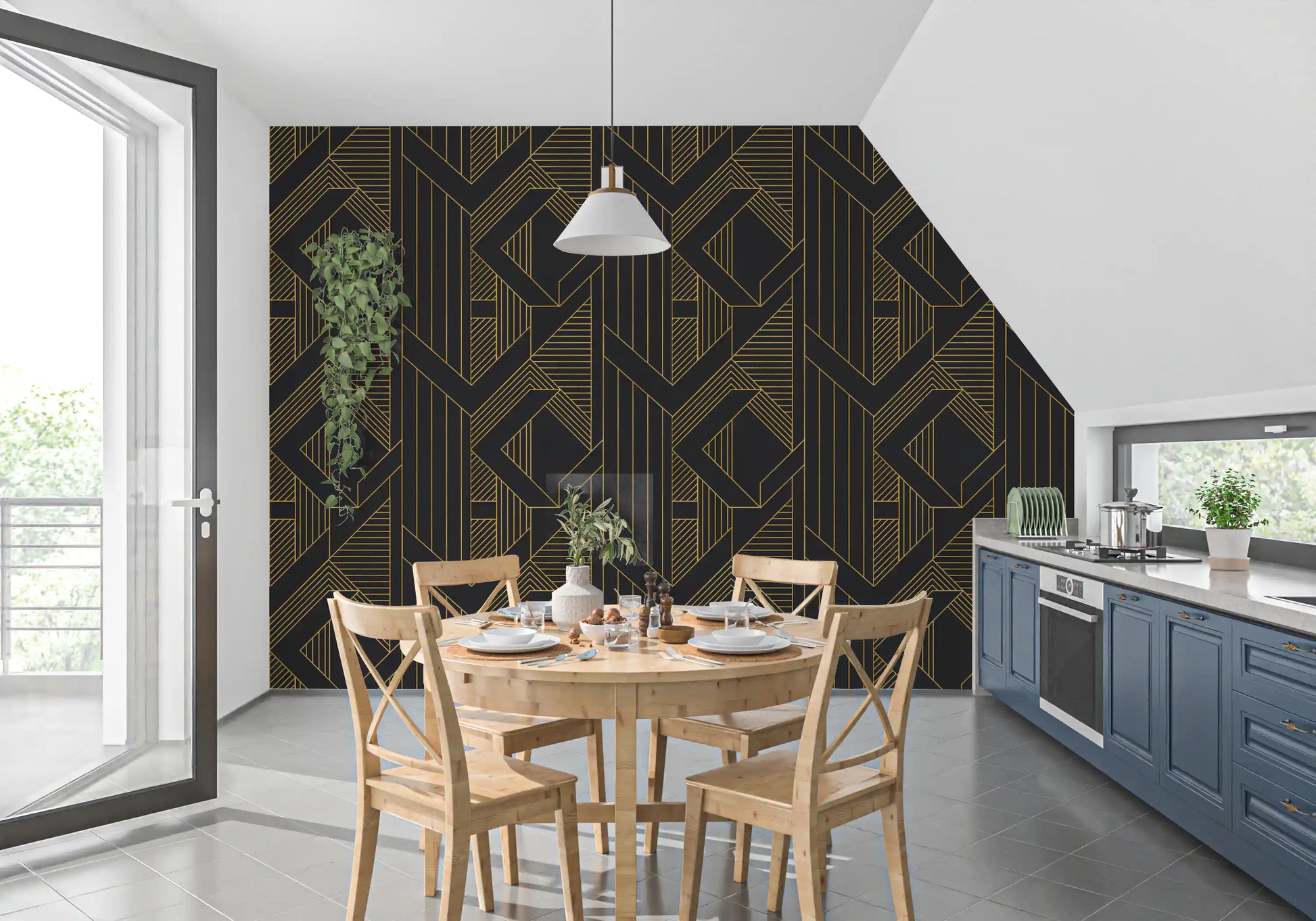 Dining room accent wall covered in gold linear geometric pattern wallpaper., GD10636