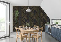 Dining room accent wall covered in gold linear geometric pattern wallpaper., GD10636
