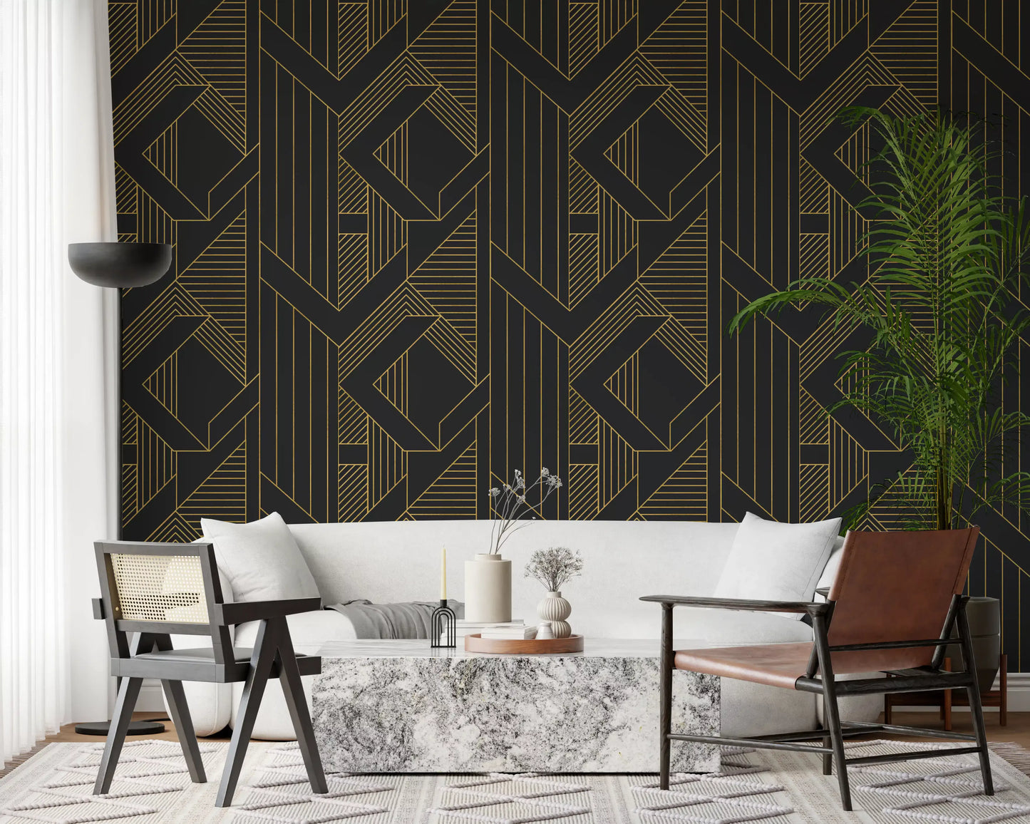 Living room with charcoal and gold geometric wallpaper as feature wall., GD10636