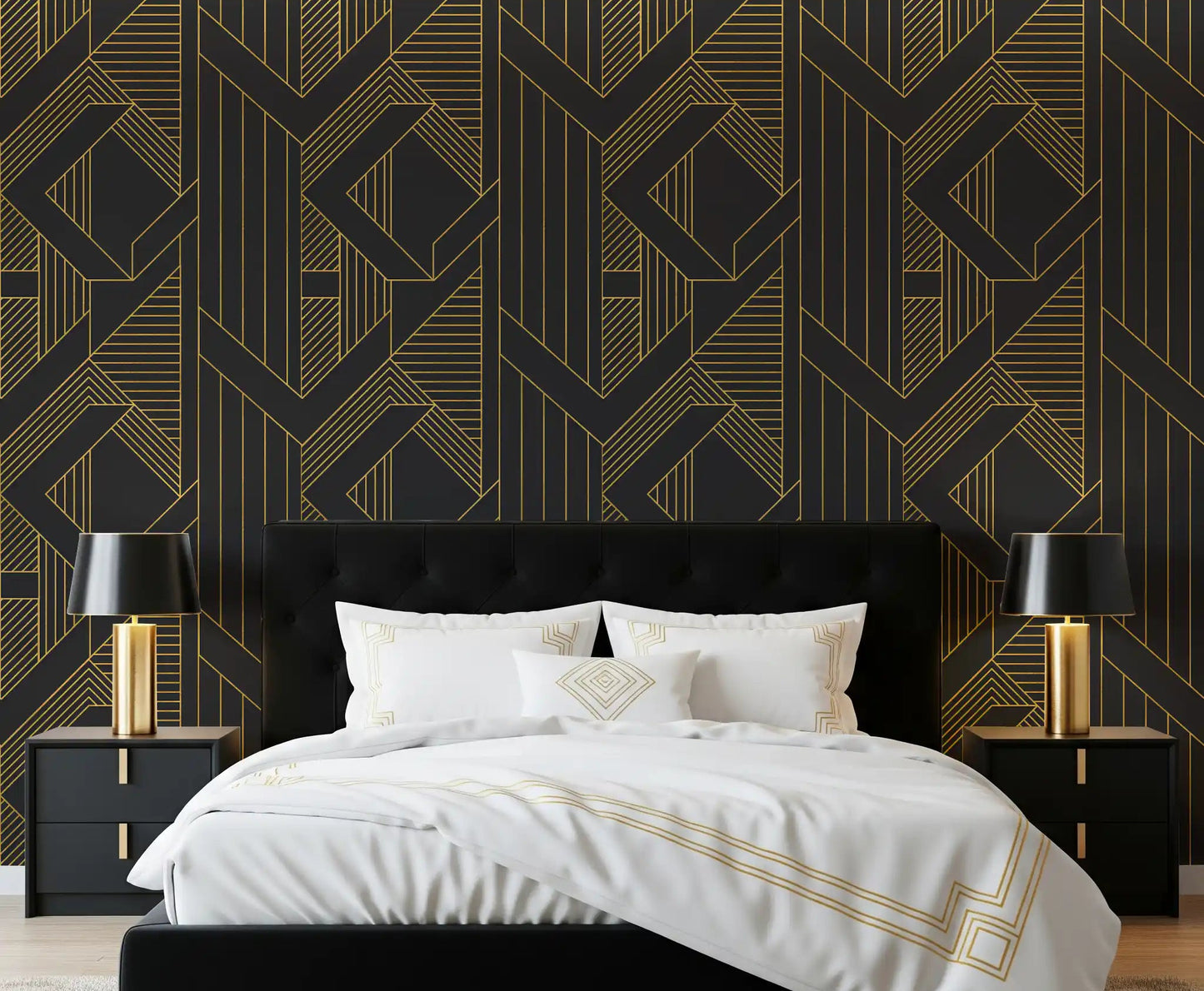 Layered geometric shapes wallpaper in bedroom with gold and charcoal., GD10636