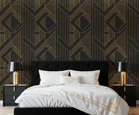 Layered geometric shapes wallpaper in bedroom with gold and charcoal., GD10636