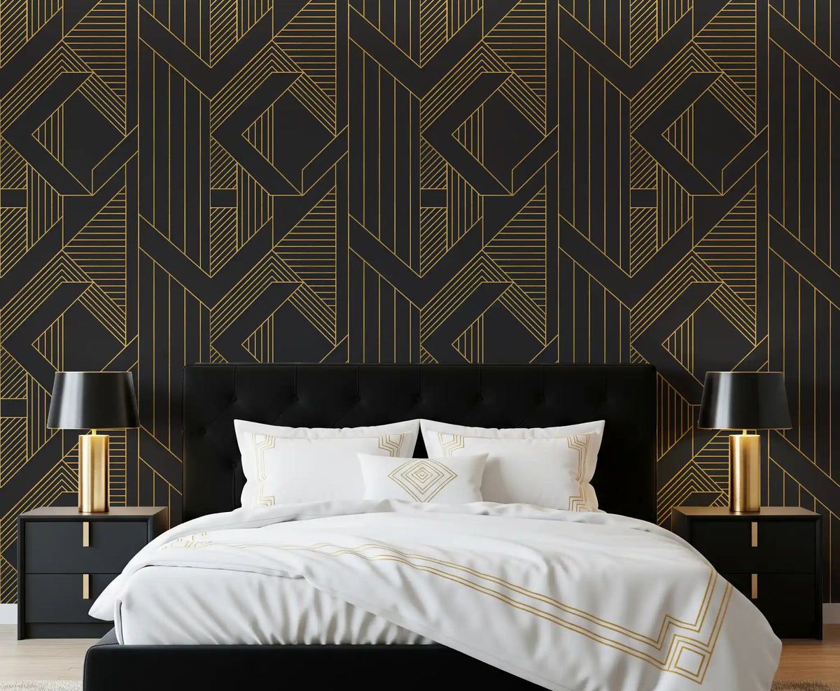 Layered geometric shapes wallpaper in bedroom with gold and charcoal., GD10636