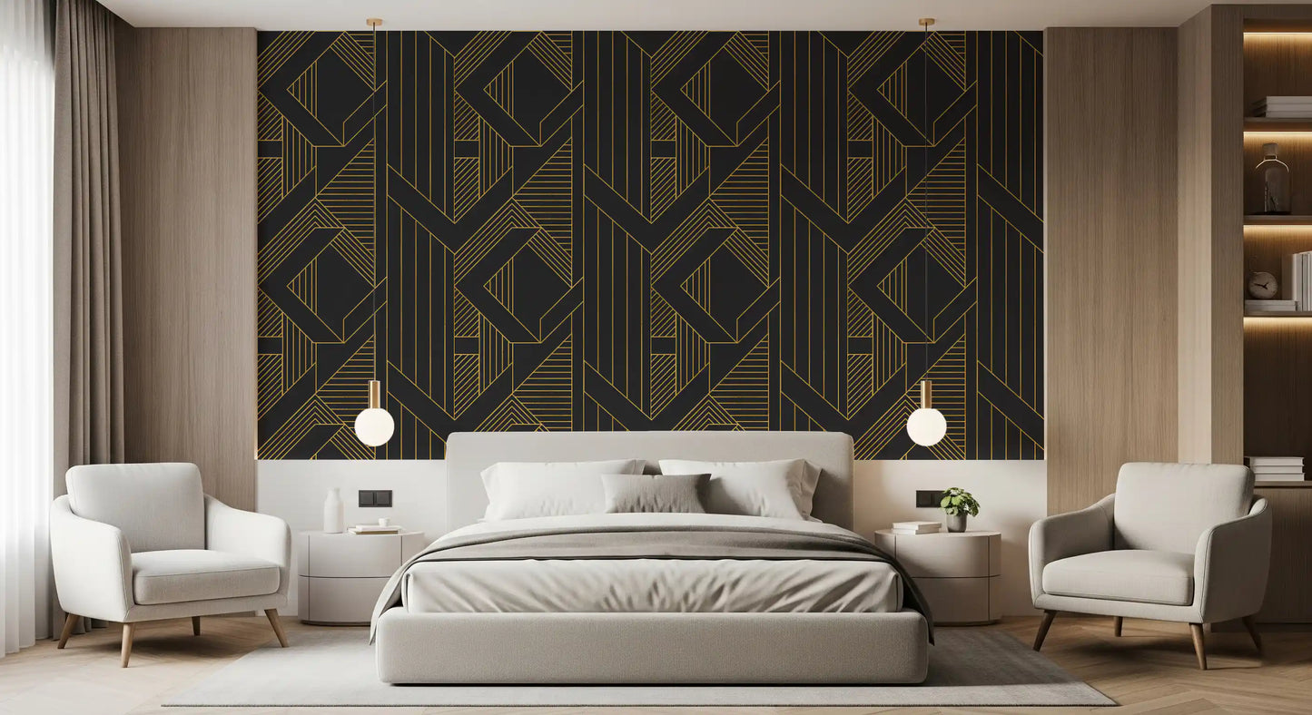 Repeating diamond frame motif wallpaper in gold on grey-black surface., GD10636