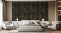 Repeating diamond frame motif wallpaper in gold on grey-black surface., GD10636