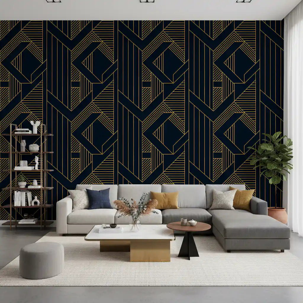 Gold linear wallpaper in midnight blue background with stripe sections., GD10637