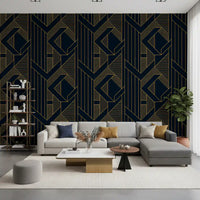 Gold linear wallpaper in midnight blue background with stripe sections., GD10637