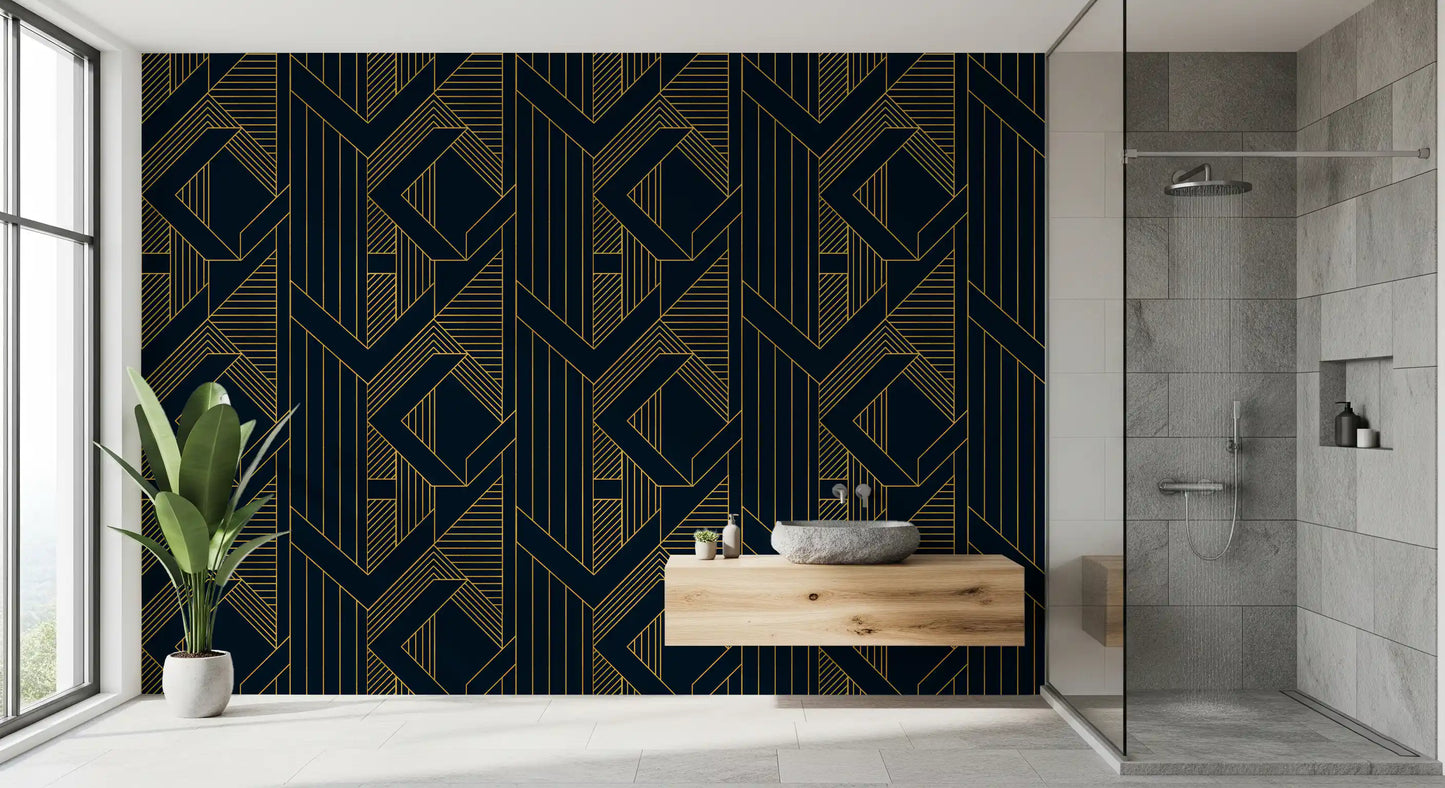Bathroom wall featuring navy and gold geometric wallpaper., GD10637