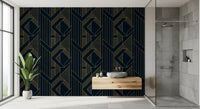 Bathroom wall featuring navy and gold geometric wallpaper., GD10637