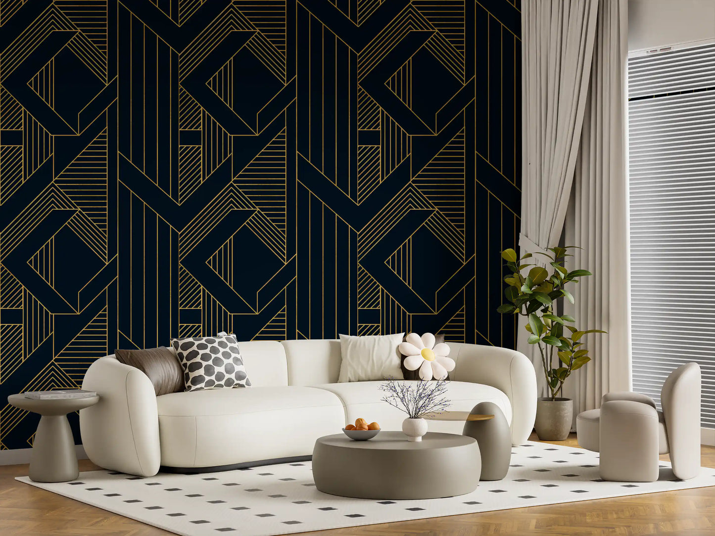 Interlocking rhombus and triangle outlines wallpaper in gold on navy blue., GD10637