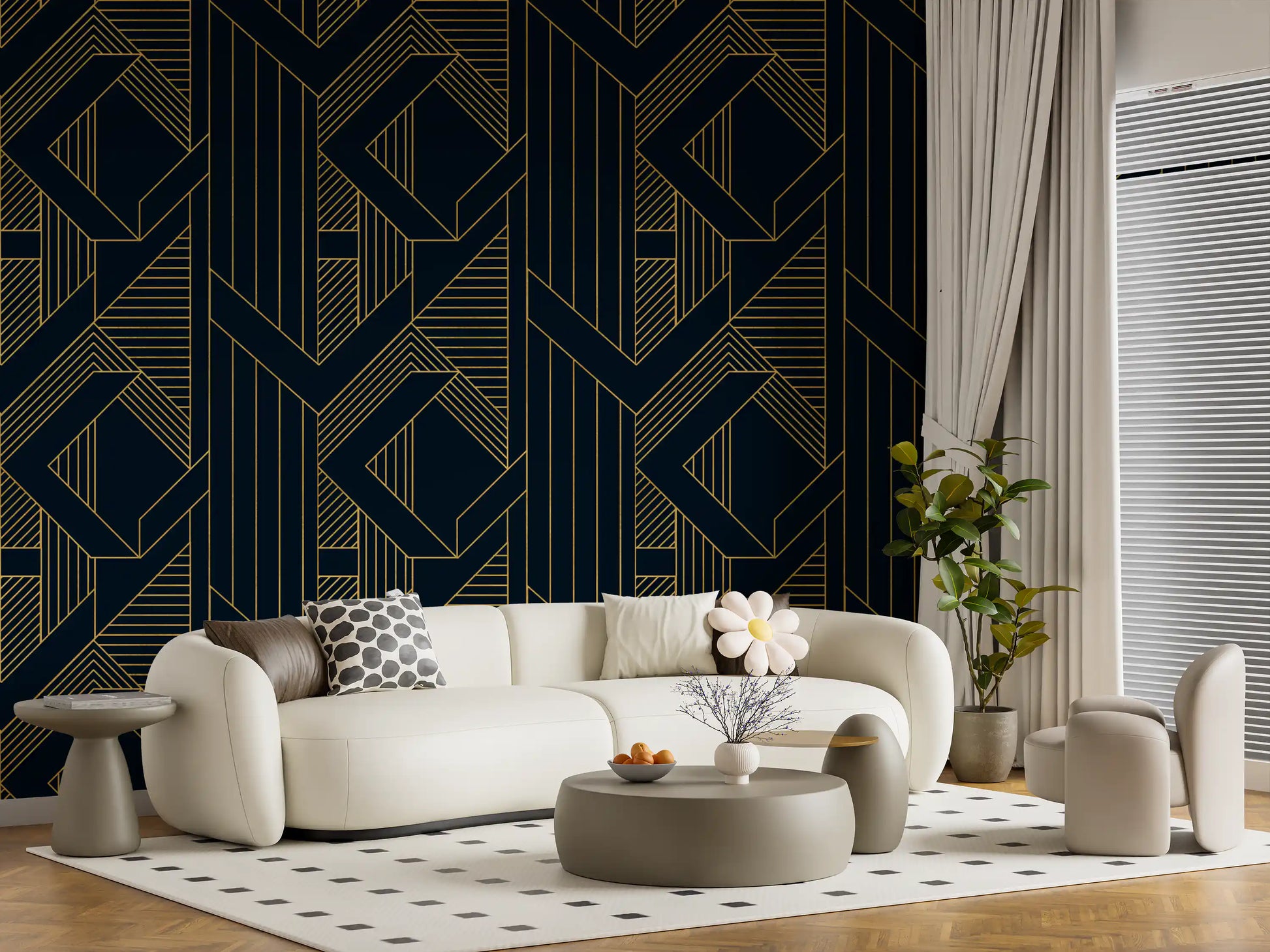 Interlocking rhombus and triangle outlines wallpaper in gold on navy blue., GD10637