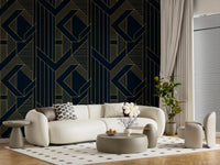 Interlocking rhombus and triangle outlines wallpaper in gold on navy blue., GD10637