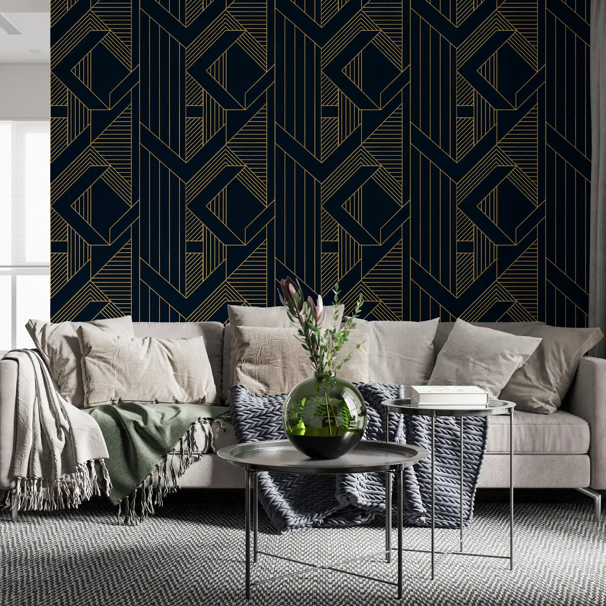 Vertical and diagonal stripe motifs in gold on dark blue wallpaper., GD10637