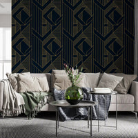 Vertical and diagonal stripe motifs in gold on dark blue wallpaper., GD10637