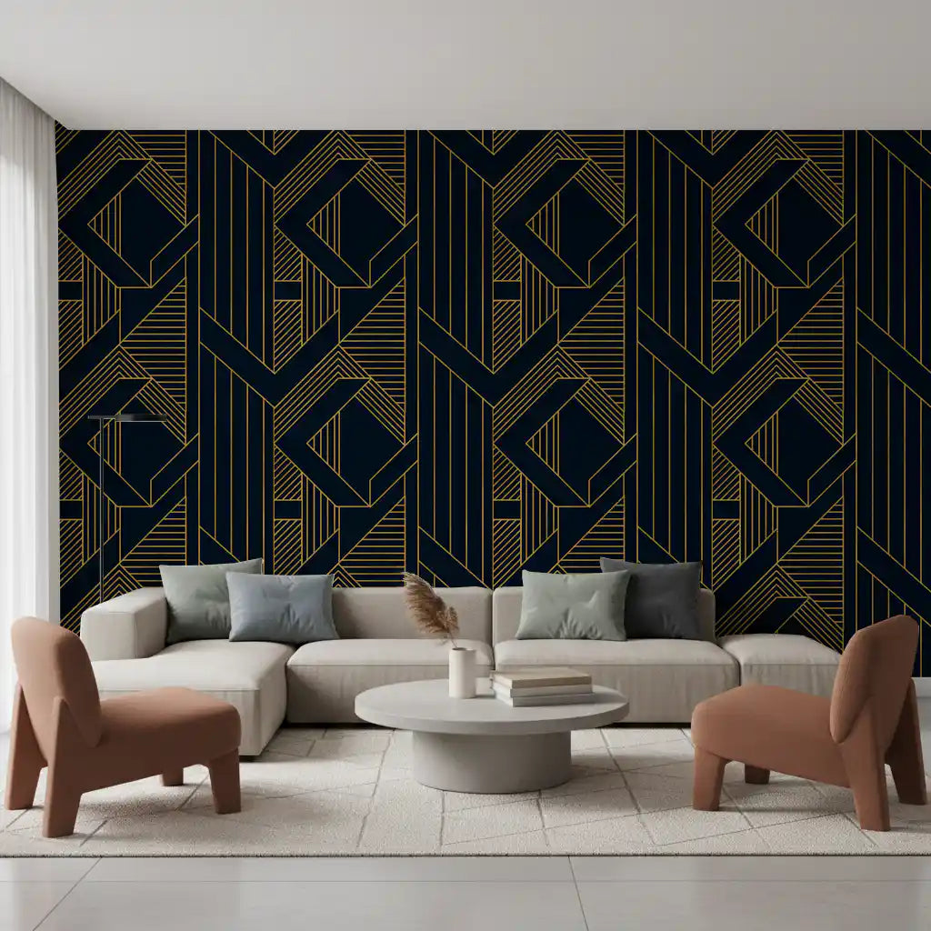 Hatched triangle zones wallpaper with thin gold lines on navy background., GD10637