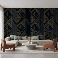 Hatched triangle zones wallpaper with thin gold lines on navy background., GD10637