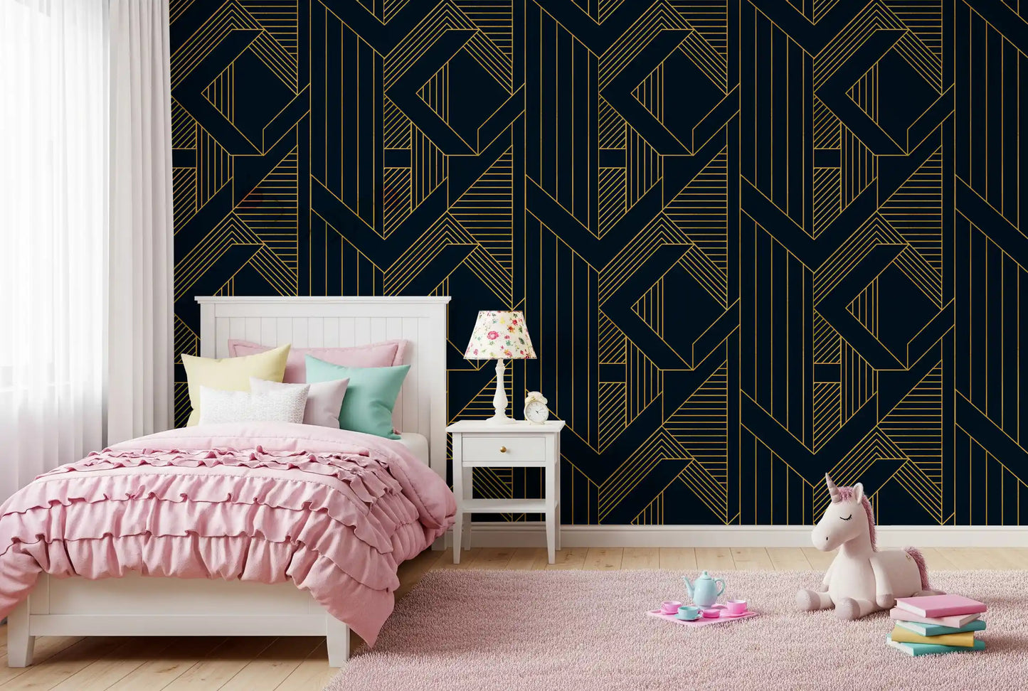 Wallpaper showing deep blue surface with metallic gold angular lines., GD10637