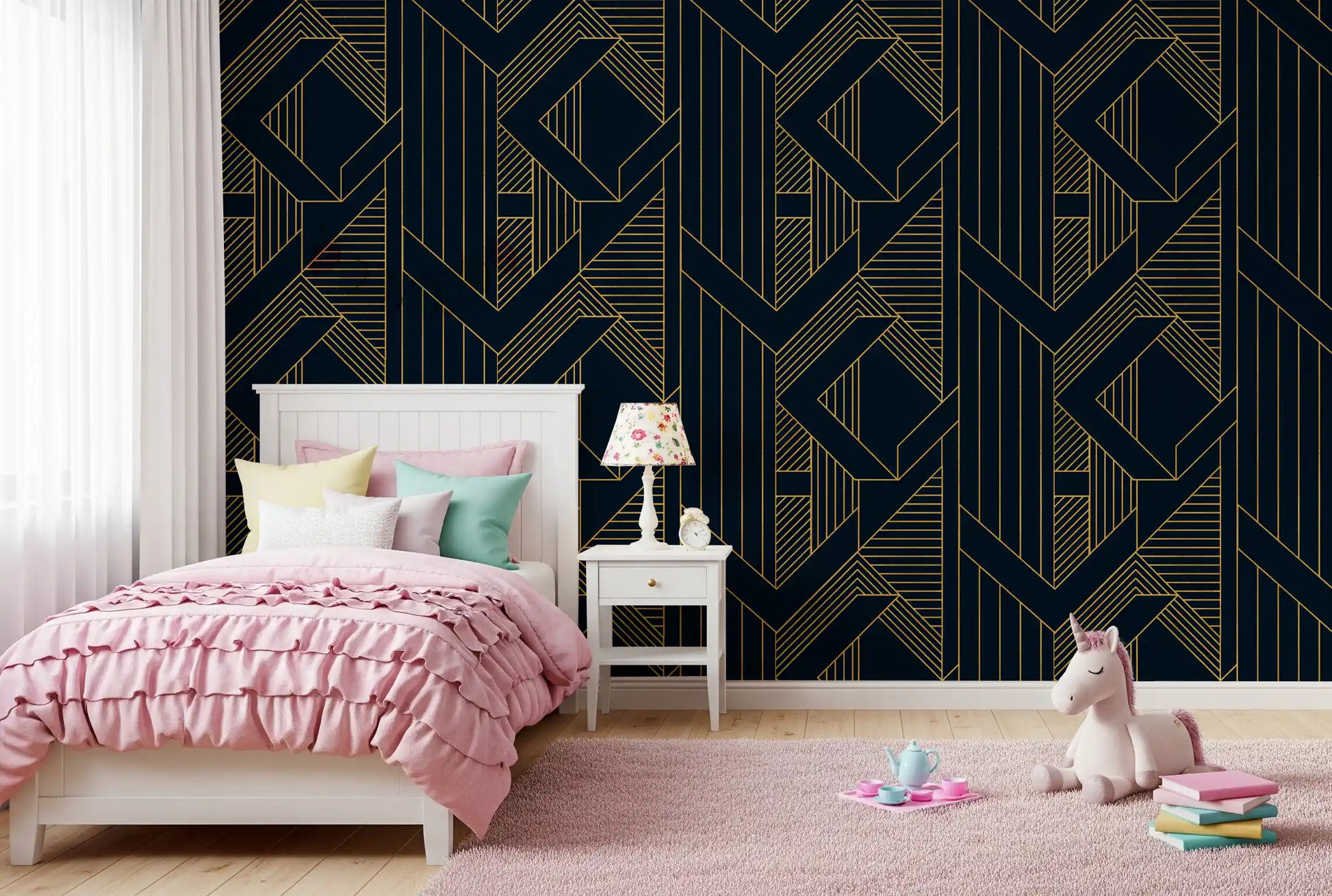 Wallpaper showing deep blue surface with metallic gold angular lines., GD10637