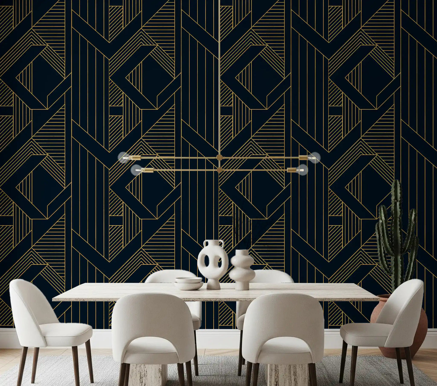 Repeating diamond frame pattern wallpaper in dining room with navy surface., GD10637
