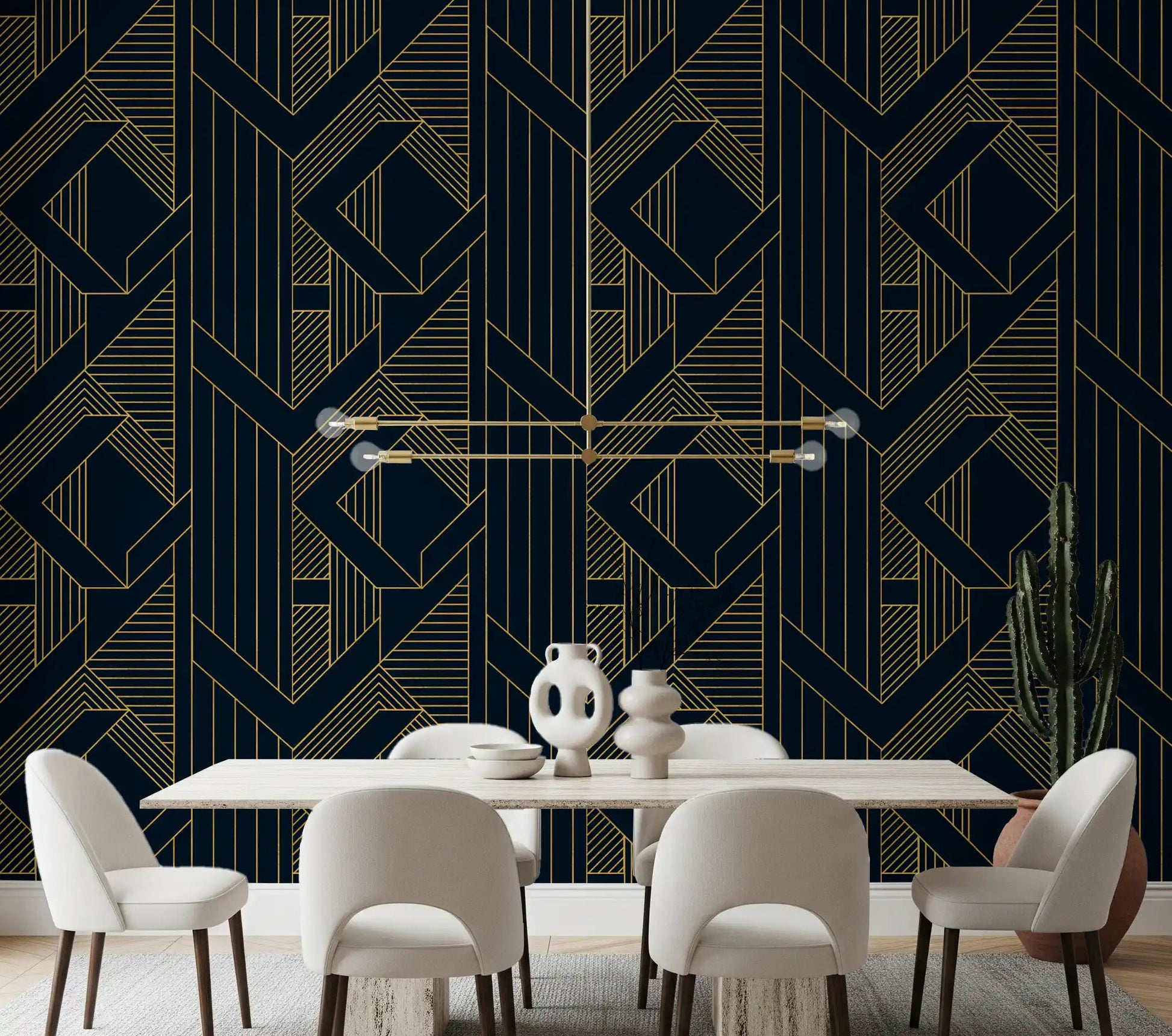 Repeating diamond frame pattern wallpaper in dining room with navy surface., GD10637