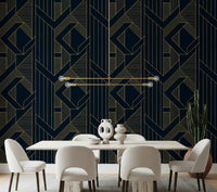 Repeating diamond frame pattern wallpaper in dining room with navy surface., GD10637