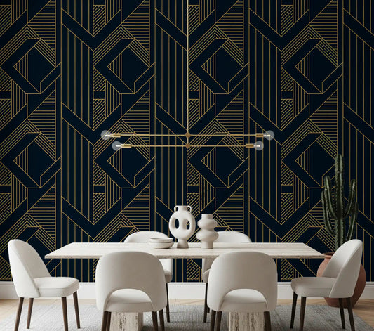 Repeating diamond frame pattern wallpaper in dining room with navy surface.