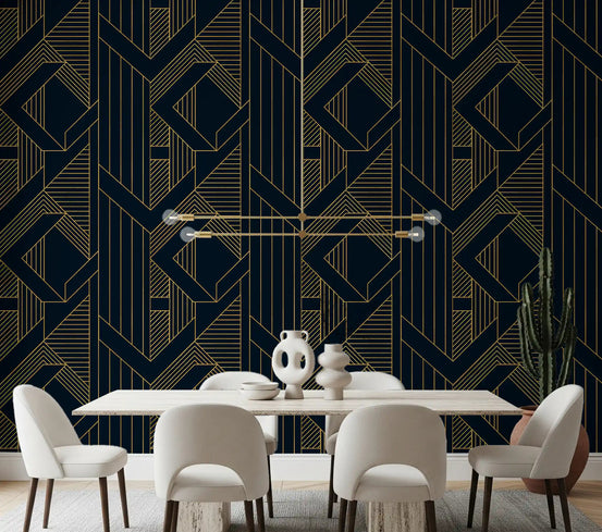 Repeating diamond frame pattern wallpaper in dining room with navy surface., GD10637