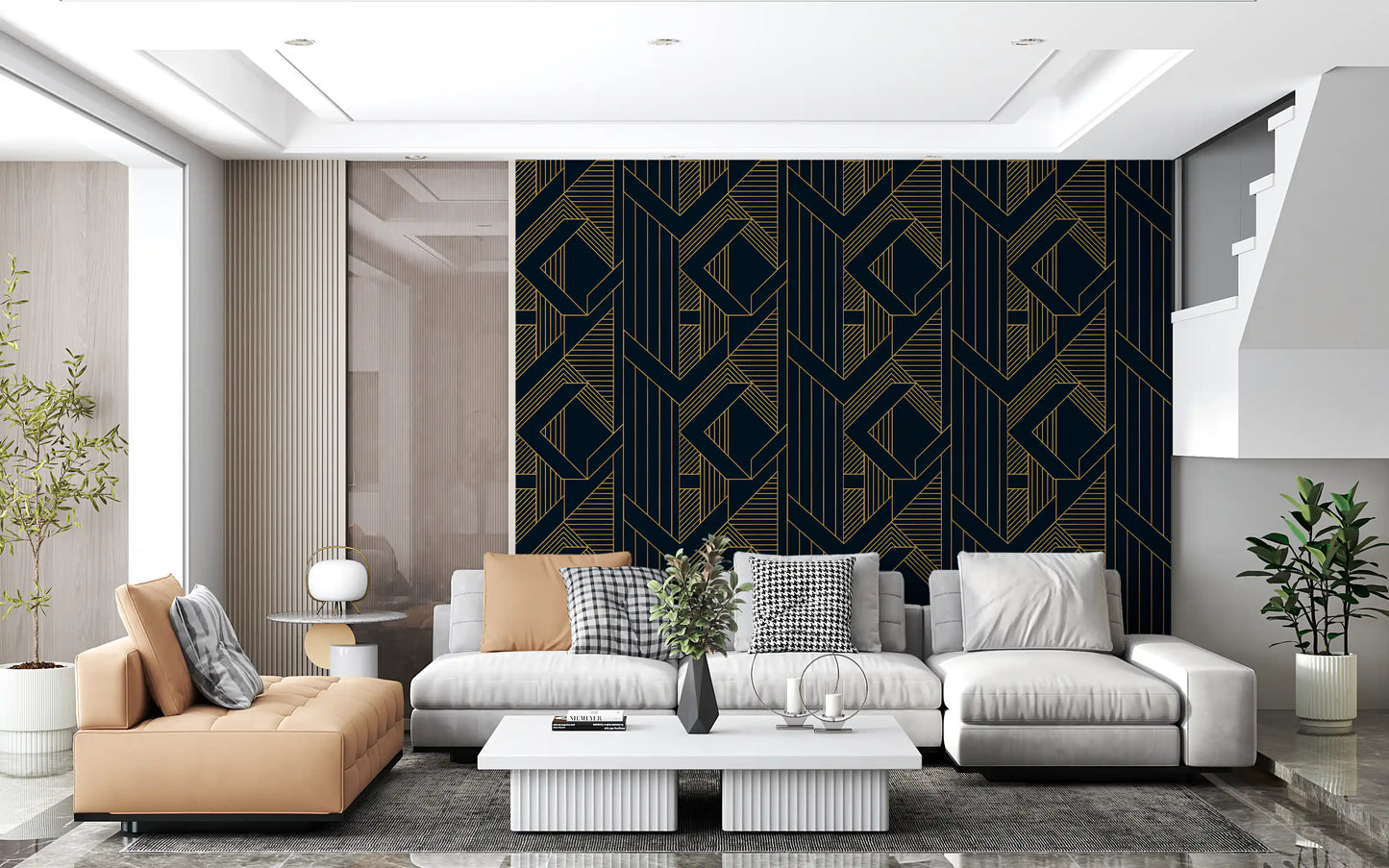Deco-era geometric wallpaper in metallic gold over deep navy surface., GD10637