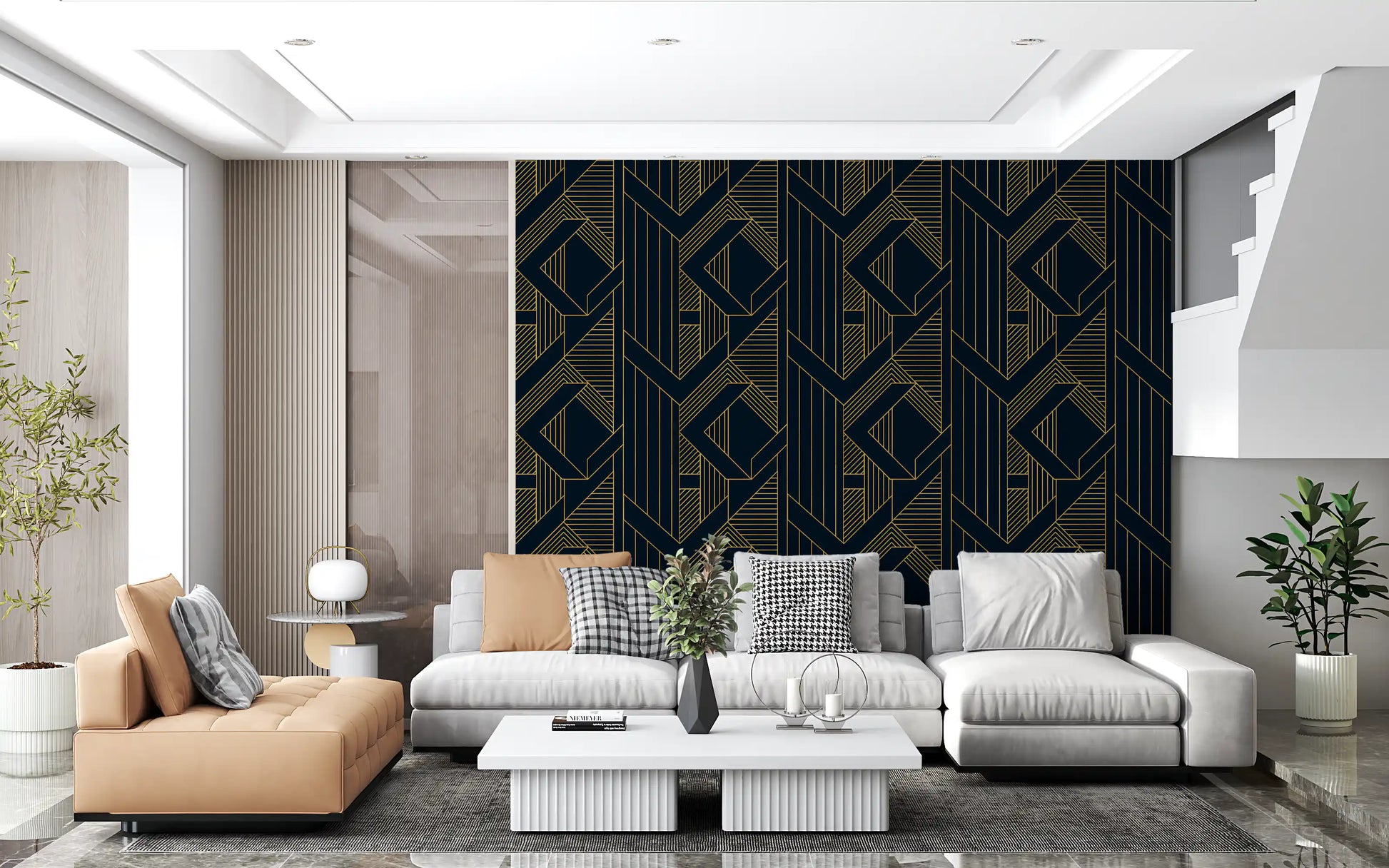 Deco-era geometric wallpaper in metallic gold over deep navy surface., GD10637