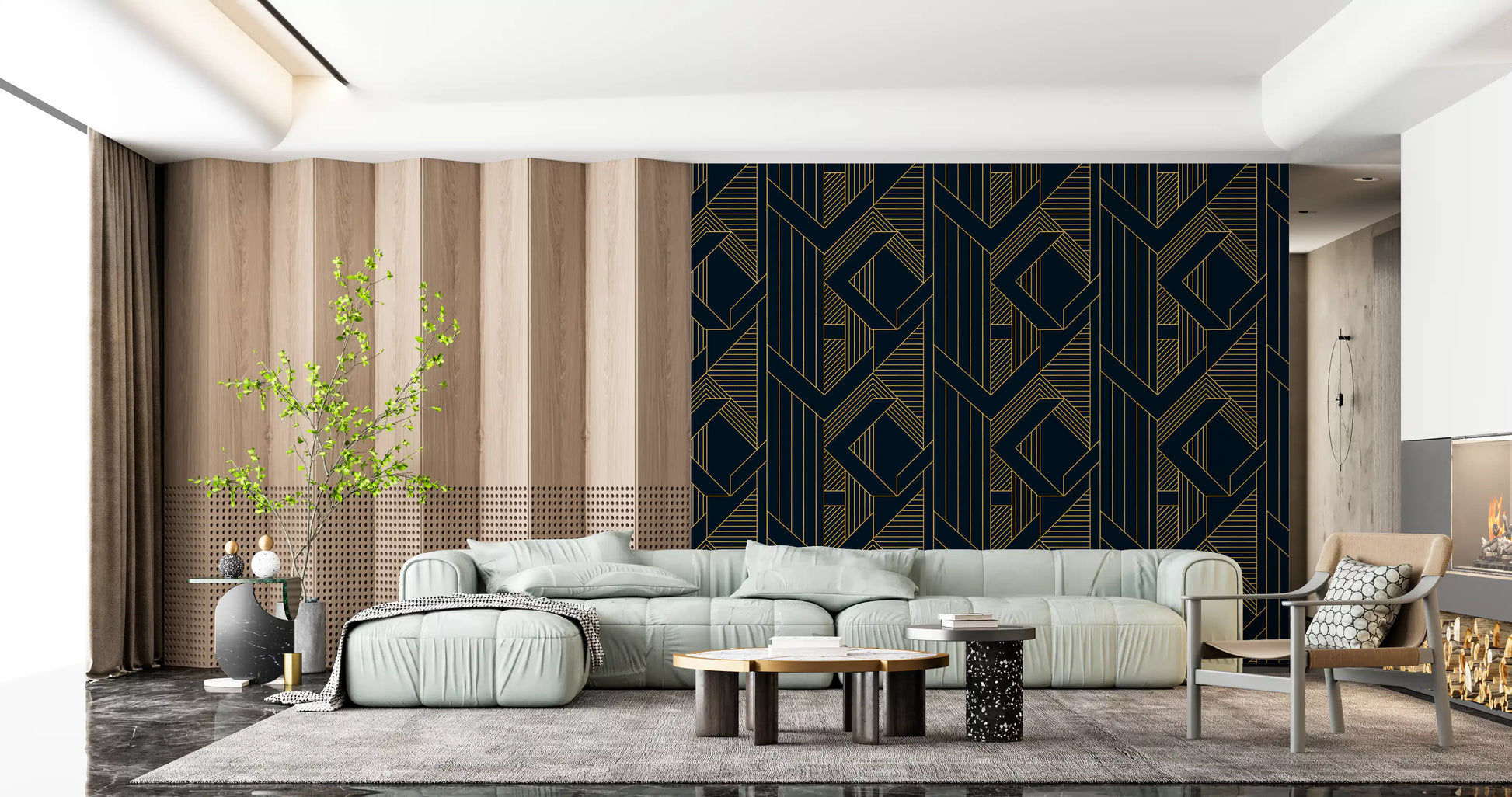 Layered geometric shapes wallpaper in living area with navy and gold., GD10637