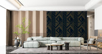 Layered geometric shapes wallpaper in living area with navy and gold., GD10637