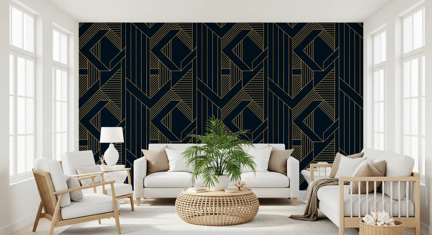 Living space with deep blue and gold linear geometric wallpaper., GD10637