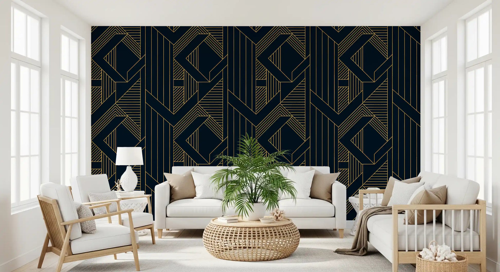 Living space with deep blue and gold linear geometric wallpaper., GD10637