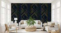 Living space with deep blue and gold linear geometric wallpaper., GD10637