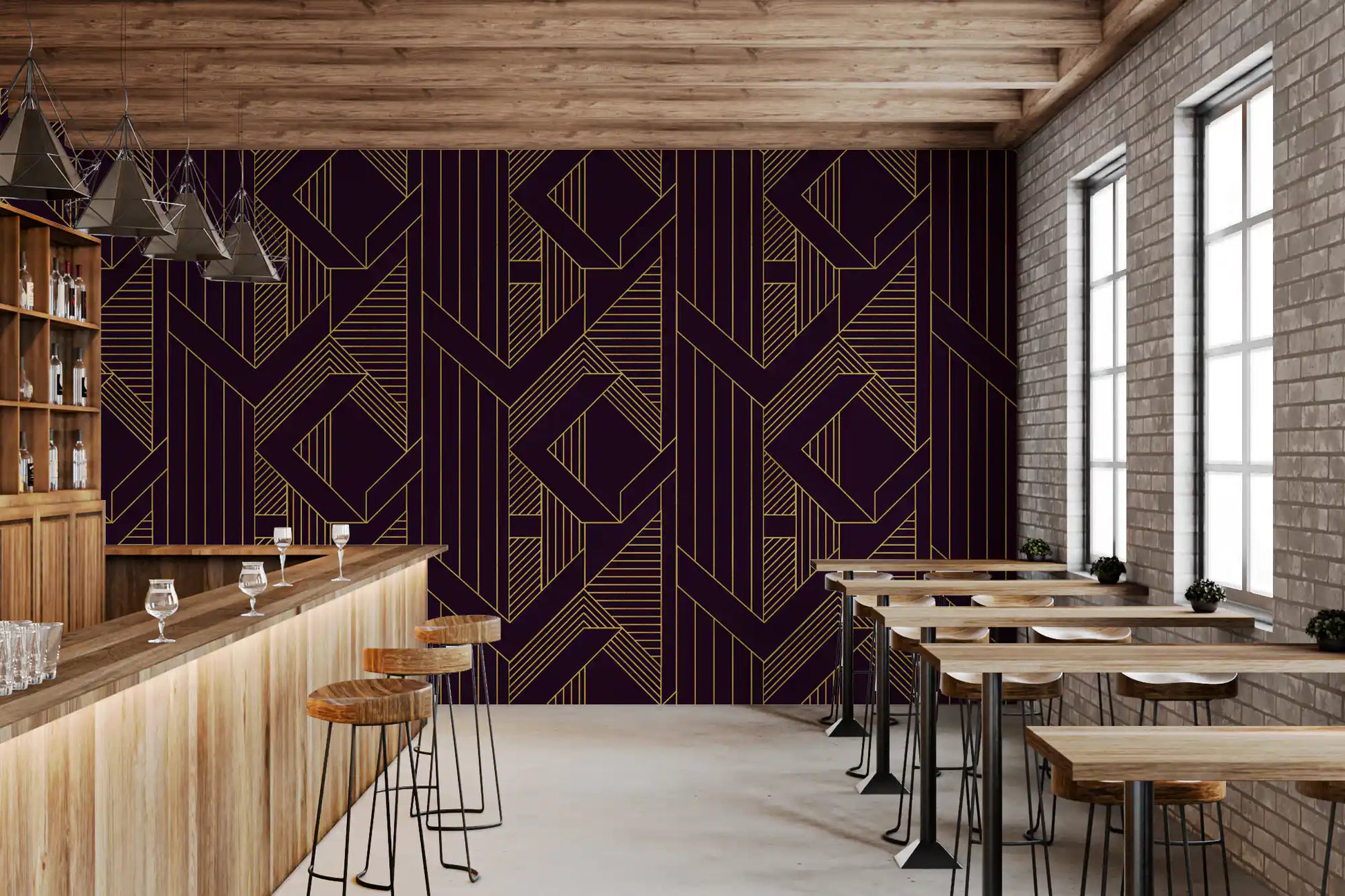 Hatched triangle zones wallpaper with thin gold lines on aubergine background., GD10638