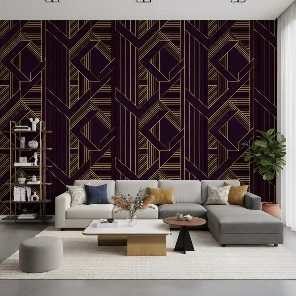 Living room accent wall with deep purple and gold linear pattern wallpaper., GD10638