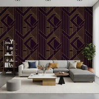 Living room accent wall with deep purple and gold linear pattern wallpaper., GD10638